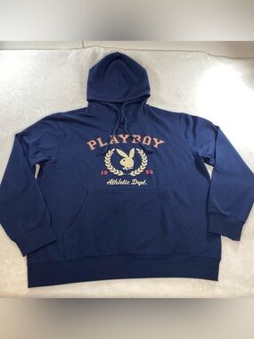 Playboy Athletic Dept. Navy Blue Pullover Hoodie Crest Logo Size Large Oversized